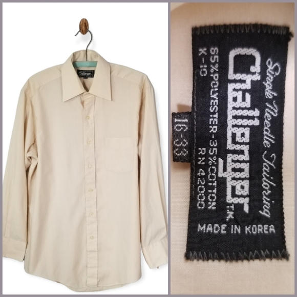 Vintage Beige Tan Work Shirt, Button Up Dress Shirt, thin Men 16-33 - Picture 1 of 7